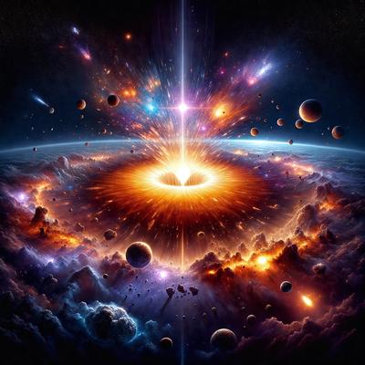 The primary subject of the image is a bright, colorful, and vibrant explosion in space. The setting is a vast, dark, and star-filled sky, with numerous planets and celestial bodies visible in the background. The visual style is a digital art or illustration, creating a dynamic and captivating scene. The colors and mood are lively and energetic, with the explosion and the surrounding celestial bodies creating a sense of wonder and awe.